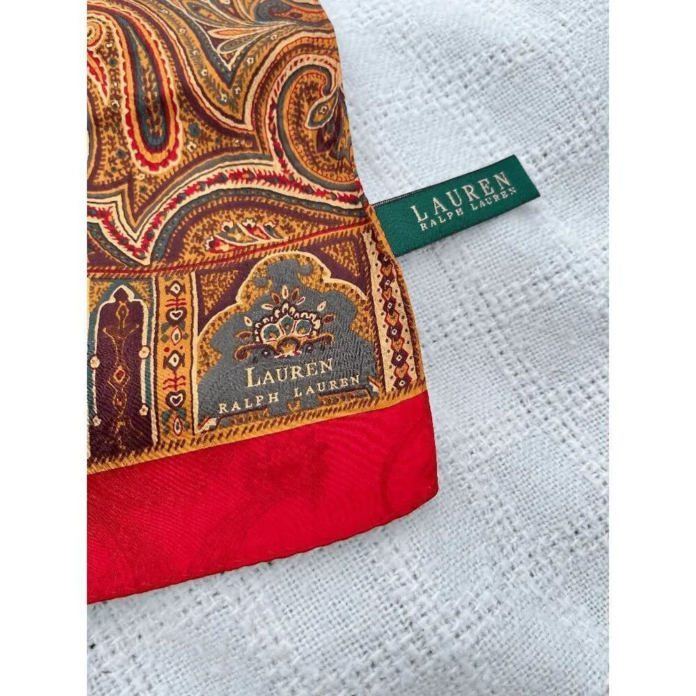 Lauren Ralph Lauren Silk Paisley Floral Scarf Red Equestrian Old Money